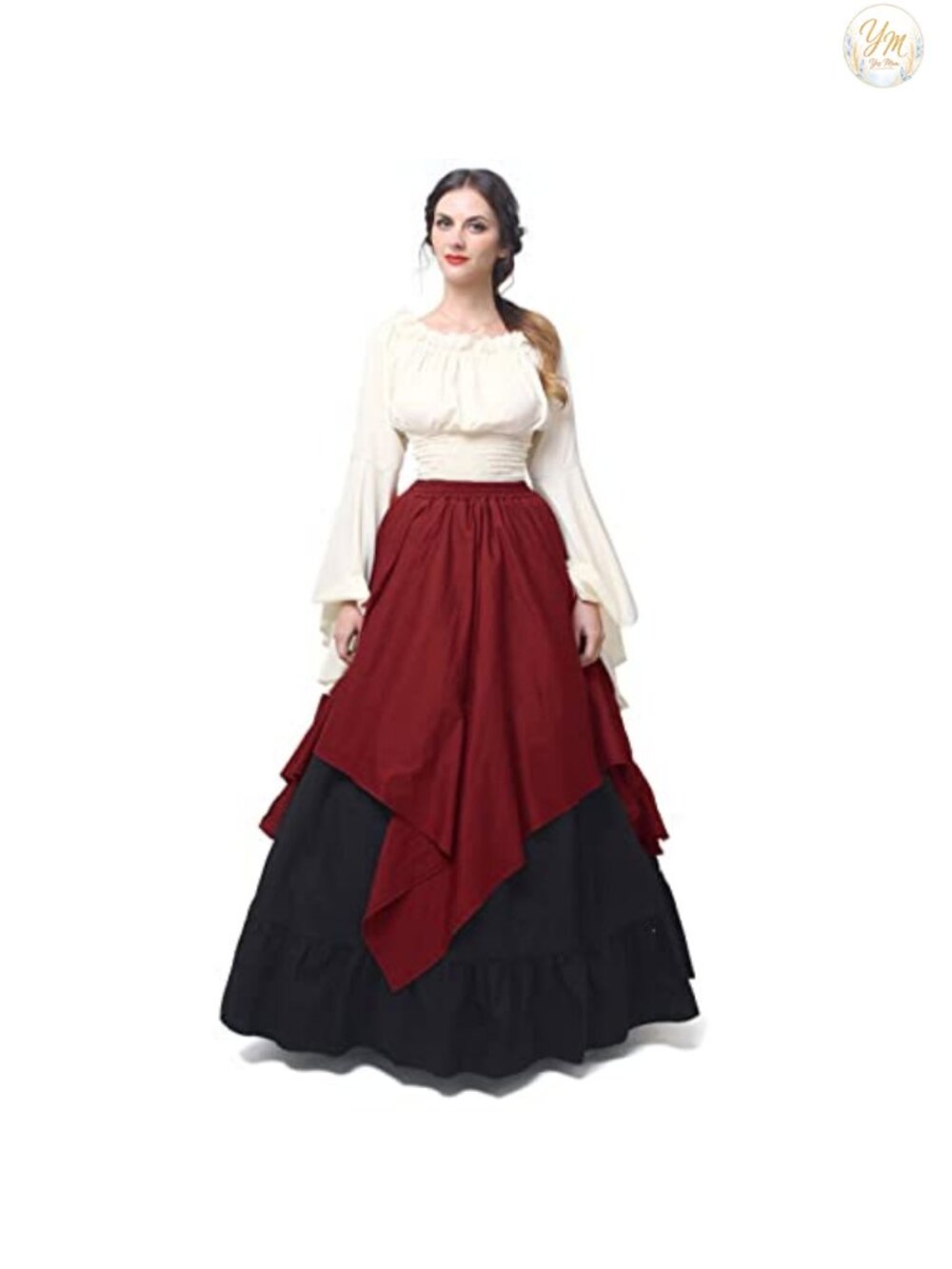 Renaissance Costume Women 2 Piece Medieval Chiffon Blouse Cotton Skirt Set